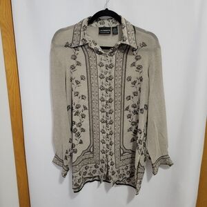Liz Claiborne Button-up Cream and Black Blouse with Floral Design, L/S, Silk, 8